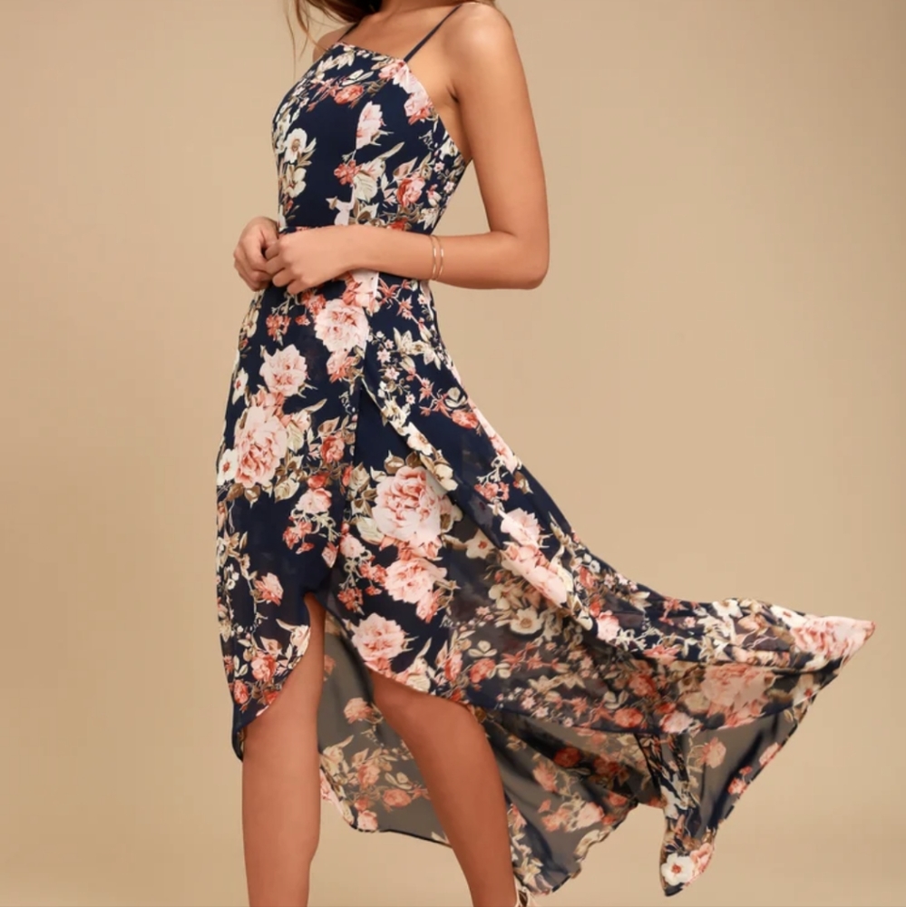 Lulu's Reflection Navy Blue Floral Print High-low Dress
